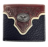 Western Genuine Leather Floral Tooled Longhorn Concho Mens Short Bifold Wallet 2 colors