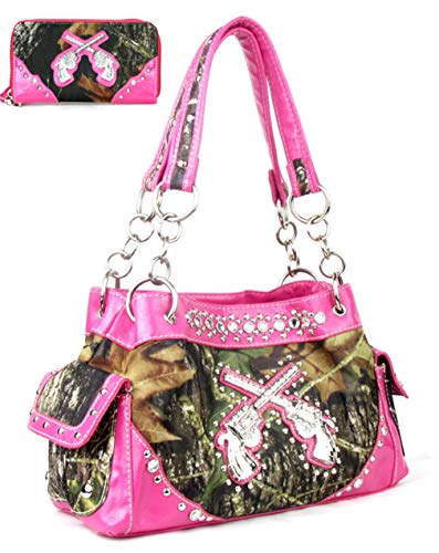 GoCowgirl Western Crossed Guns Purse Camouflage Handbag Camo W Matching Wallet (Pink)