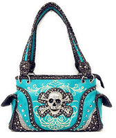 Texas West Rhinestone Embroidered Metal Skull Leather Womens Concealed Carry Handbag With Matching Wallet 6 colors