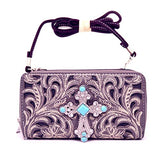 Western Laser Cut Floral Agate Cross Double Zipper Womens Wallet/Crossbody Bag