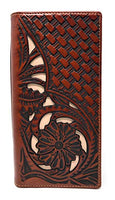 Western Genuine Leather Tooled Laser Cut Basketweave Men's Long Bifold Wallet in 8 colors