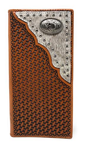 Western Genuine Leather Cowhide Cow fur Basketweave Horse Men's Long Bifold Wallet in 3 colors (Brown)