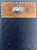 Western Men Black Genuine Leather Ostrich CowFur Metal Emblem Tooled Long Wallet