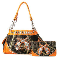 Western Handbag Camouflage Gun Pistol Pocket Camo Rhinestone Purse With Matching Wallet (COFFEE)