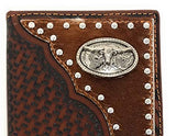 Western Men's Basketweave Genuine Leather Longhorn Long Cowhide Stud Bifold Wallet