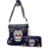 Western Sugar Skull Embroidery Rhinestone Cross Conceal Carry Crossbody Bag Set