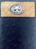 Western Men Black Genuine Leather Ostrich CowFur Metal Emblem Tooled Long Wallet