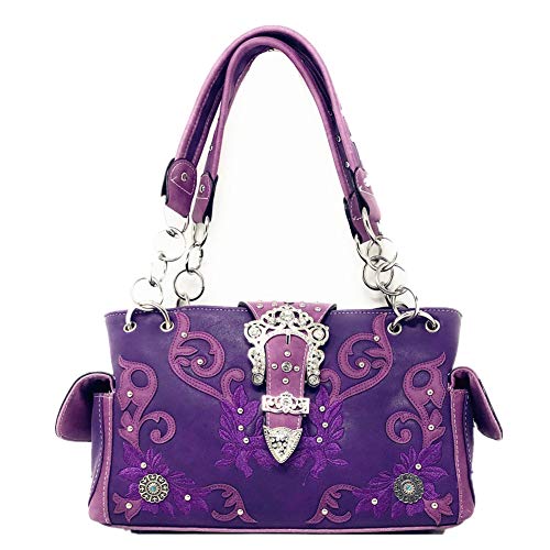 Western Rhinestone Conceal Carry Buckle Floral Concho Laser Cut Shoulder Handbag multi-color