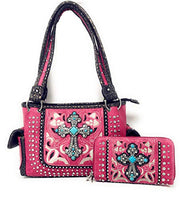 Laser Cut Premium Rhinestone Cross Western Embroidered Concealed Carry Handbag/Matching Wallet in 6 Color