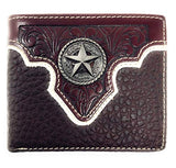 Western Genuine Leather Floral Tooled Texas Star Concho Mens Short Bifold Wallet in 2 colors