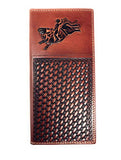 Premium Genuine Western Mens Embossed Basketweave Cowboy Long Wallet in Multi Emblem