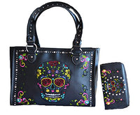 sugar skull day of the dead embroidery gun concealed carry handbag purse set (black)