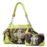 Western Handbag Camouflage Cross Camo Rhinestone Purse With Matching Wallet (COFFEE)