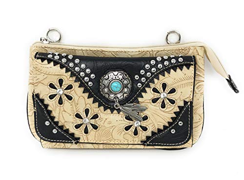 Western Rhinestone Embroidery Laser Cut Feather Floral Wallet Crossbody 4 in 1 Clutch Bag Purse