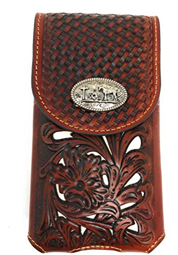 Texas West Western Cowboy Tooled Floral Leather Praying Cowboy Concho Belt Loop Cellphone Holster Case in 3 Colors