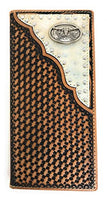 Western Men's Basketweave Genuine Leather Longhorn Long Cowhide Stud Bifold Wallet