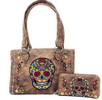 Western Womens Sugar Skull Rhinestone Flora Embroidery Concealed Carry Handbag/Wallet in Multi-Color