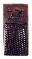Premium Genuine Western Mens Embossed Basketweave Cowboy Long Wallet in Multi Emblem
