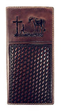 Premium Genuine Western Mens Embossed Basketweave Cowboy Long Wallet in Multi Emblem