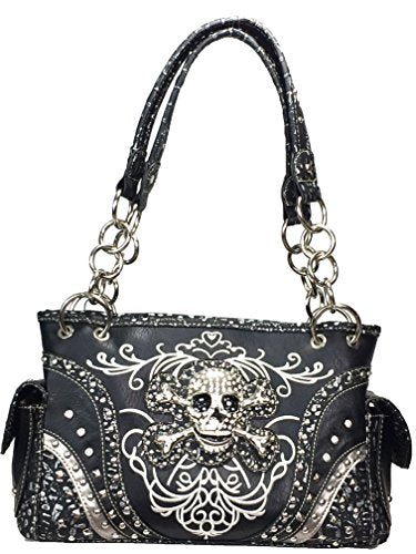 Zzfab Embroidered Concealed Carry Western Handbag Rhinestone Studded Skull Purse