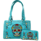 Western Womens Sugar Skull Rhinestone Flora Embroidery Concealed Carry Handbag/Wallet in Multi-Color