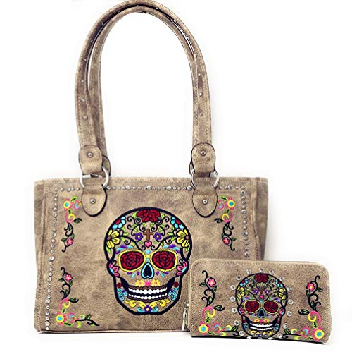 Western Womens Sugar Skull Rhinestone Flora Embroidery Concealed Carry Handbag/Wallet in Multi-Color
