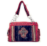 Premium Western Rhinestone Suede Leather Womens Handbag Purse With Cross In Multi Colors