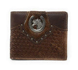 Western Genuine Leather Cowhide Cow Fur Horse Basketweave Mens Bifold Short Wallet in 2 colors
