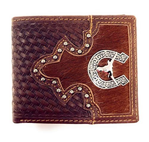 Western Genuine Woven Leather Cowhide Mens Bifold Short Wallet in Multi Emblem