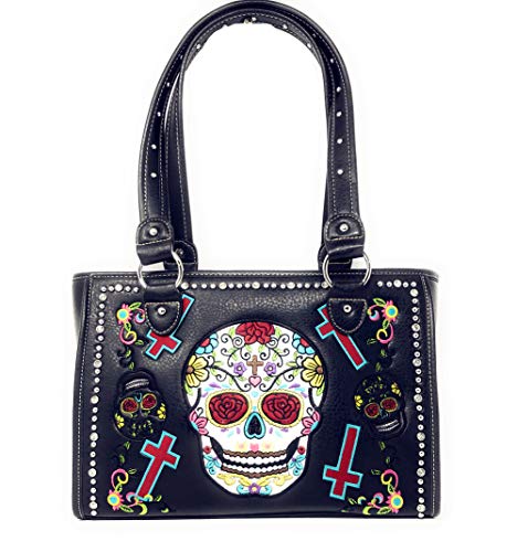 Western Sugar Skull Womens Embroidery Cross Rhinestone Concealed Carry Handbag in 5 colors