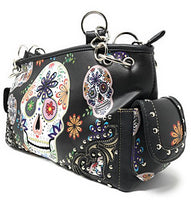 Texas West Women's Flora Candy Skull Concealed Carry Handbag and Matching wallet in Multi-color