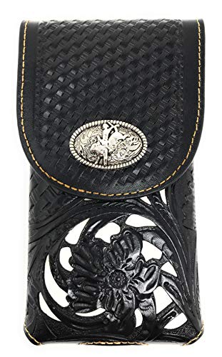 Texas West Western Cowboy Tooled Floral Leather Rodeo Concho Belt Loop Extra Large Cellphone Holster Case