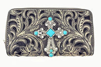 Western Laser Cut Floral Agate Cross Double Zipper Womens Wallet/Crossbody Bag