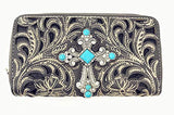 Western Laser Cut Floral Agate Cross Double Zipper Womens Wallet/Crossbody Bag