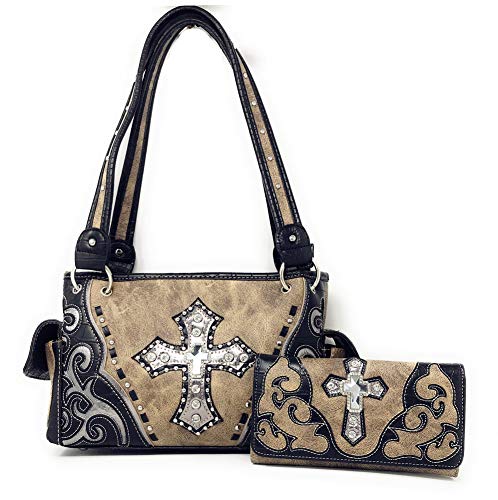 Premium Rhinestone Cross Cut Out Western Embroidered Womens Concealed Carry Handbag With Matching Wallet in 5 colors