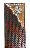 Western Men's Basketweave Genuine Leather Texas State Map Long Cowhide Stud Bifold Wallet