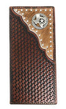 Western Men's Basketweave Genuine Leather Texas State Map Long Cowhide Stud Bifold Wallet