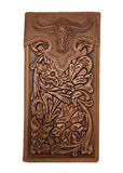 Western Mens Leather Longhorn Floral Tooled Laser Cut Long Wallet