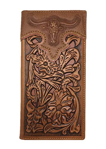 Western Mens Leather Longhorn Floral Tooled Laser Cut Long Wallet