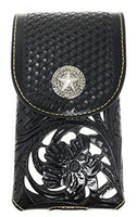 Texas West Western Cowboy Tooled Floral Leather Lone Star Concho Belt Loop Extra Large Cell Phone Holster Case (Black/Beige)