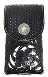 Texas West Western Cowboy Tooled Floral Leather Lone Star Concho Belt Loop Extra Large Cell Phone Holster Case (Black/Beige)