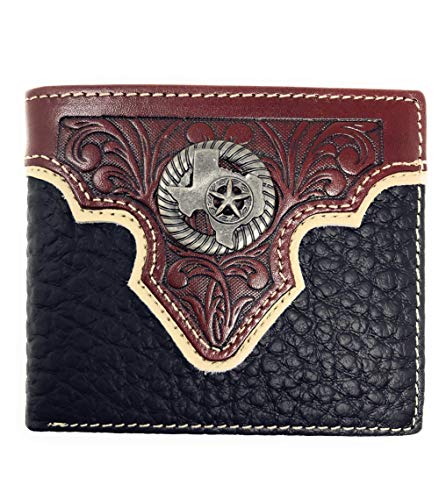 Western Genuine Leather Floral Tooled Texas State Map Concho Mens Short Bifold Wallet 2 colors