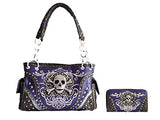 western rhinestone skull concho stitched handbag purse set 3 colors