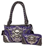 Texas West Rhinestone Embroidered Metal Skull Leather Womens Concealed Carry Handbag With Matching Wallet 6 colors