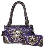 Texas West Rhinestone Embroidered Metal Skull Leather Womens Concealed Carry Handbag With Matching Wallet 6 colors