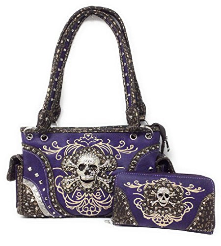 Rhinestone Skull Metal Color Leather Women's Handbag, Wallet with Texas West Coin Collection in 4 Colors (Purple) (Purple)