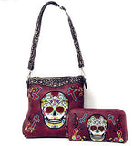 Western Sugar Skull Embroidery Rhinestone Cross Conceal Carry Crossbody Bag Set