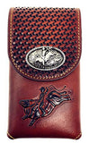 Western Cowboy Tooled Basketweave Leather Rodeo Concho Belt Loop Cellphone Holster Case in 2 Colors