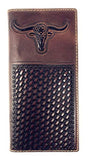 Premium Genuine Western Mens Embossed Basketweave Cowboy Long Wallet in Multi Emblem