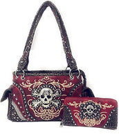 western rhinestone skull concho stitched handbag purse set red